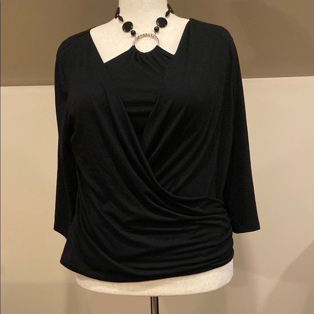 Unique Vintage Alyx Black Wrap Blouse with added necklace that ties in the back.
